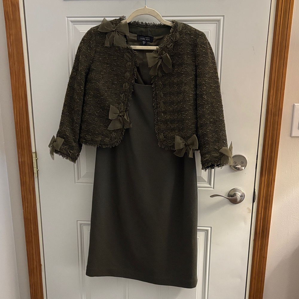 Tahari ASL Olive Green Dress with Matching Bouclé Jacket